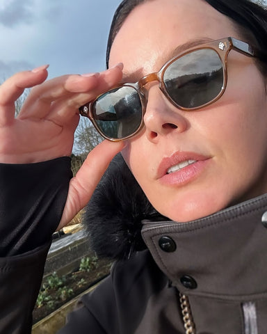 Australian actress Abbie Cornish was seen wearing transparent brown Garrett Leight Ace 2081 C/SFPBS sunglasses in her Instagram post, January 2024