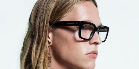 Abby Champion was seen modeling black Dsquared2 D2 0144 807 square optical glasses in the brand's Fall/Winter 2024 eyewear campaign