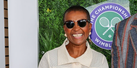 Bridgerton atress Adjoa Andoh was seen wearing tortoiseshell Ray-Ban Clubmaster Classic 3016 W0366 sunglasses at the Wimbledon Tennis Championships 2022.