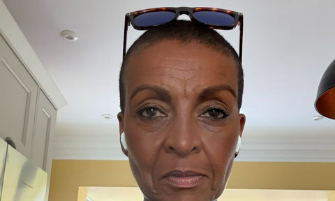 Bridgerton actress Adjoa Andoh was seen wearing tortoiseshell Tom Ford Smith-02 TF1303 52V sunglasses with blue lenses in her X post, August 2025.