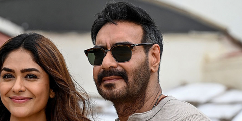 Bollywood actor Ajay Devgn, pictured with co-star Mrunal Thakur, was seen wearing tortoiseshell Persol Tailoring Edition 3199S 24/31  half-rim sunglasses while promoting his new movie Son of Sardaar 2 in Mumbai, India, July 2025. Shop online now on Pretavoir