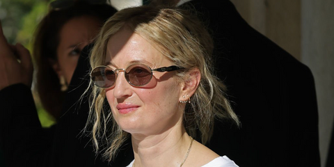 Italian acress Alba Rohrwacher was seen wearing gold Prada PR 65ZS ZVN20I oval sunglasses with violet lenses at the 83rd Venice Film Festival, September 2026.