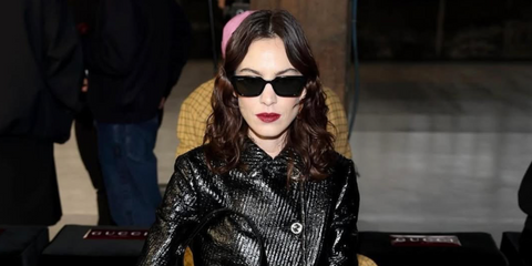 Alexa Chung was seen wearing black Gucci GG1539S 001 square sunglasses to attend the Gucci Fall/Winter 2024 fashion show during Milan Fashion Week