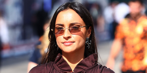 Girlfriend of Charles Leclerc Alexandra Saint Mleux was seen wearing gold Miu Miu MU B50S 5AK20I rimless sunglasses with light purple brown lenses at the F1 Grand Prix of Austin 2025. Shop online now on Pretavoir