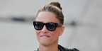 Amanda Peet was seen wearing dark tortoiseshell Ray-Ban Mega Wayfarer RB 0840S 902/56 sunglasses with blue lenses in Los Angeles, June 2026.
