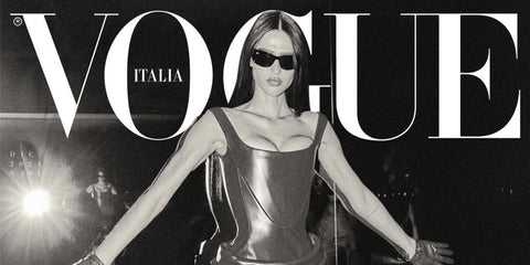 Amelia Gray Hamlin is seen wearing Ray-Ban Mega Balorama RB 2289 901/31 sunglasses in black on the cover of Vogue Italia, December 2024