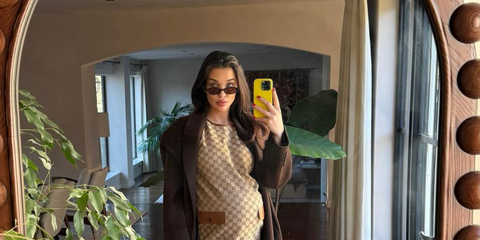 Pregnant Amy Jackson was seen wearing tortoiseshell Miu Miu MU 04ZS 19P2Z1 round sunglasses in her social media post