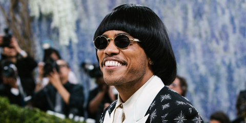 Singer and musician Anderson .Paak was seen wearing gold and white Cartier Buffalo Horn CT0464S 007 round sunglasses at the Met Gala 2026.