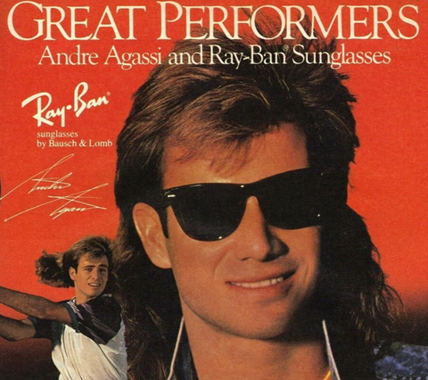 Andre Agassi was seen wearing the original black Ray-Ban Wayfarer II RB 2185 901/31 sunglasses by Bausch & Lomb in the Ray-Ban 1989 campaign