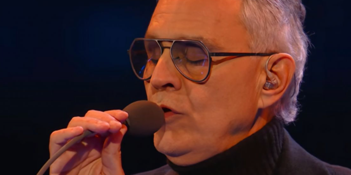 Andrea Bocelli was seen wearing grey Blackfin Sun Thunder Bay BF1095 1846 sunglasses with blue gradient lenses at the Milano Cortina Winter Olympics opening ceremony, February 2026.