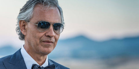 Andrea Bocelli was seen wearing Ray-Ban Aviator 3025 003/32 sunglasses with silver frame and grey gradient lenses