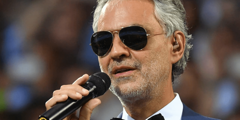 Andrea Bocelli was seen wearing Ray-Ban Aviator RB 3025 9196/48 Polarised sunglasses with gold frame and black lenses