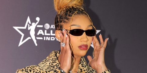 Professional basketball player Angel Reese was seen wearing black Gucci GG1661S 001 'Hailey' sunglasses during the AT&T WNBA All-Star 2025 in Indiana. Shop online now on Pretavoir