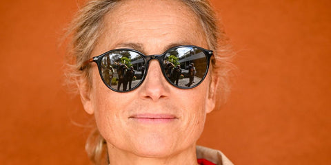 French journalist and TV presenter Anne-Sophie Lapix was seen wearing black Persol 3350S 95/58 Polarised round sunglasses at the 2025 French Open