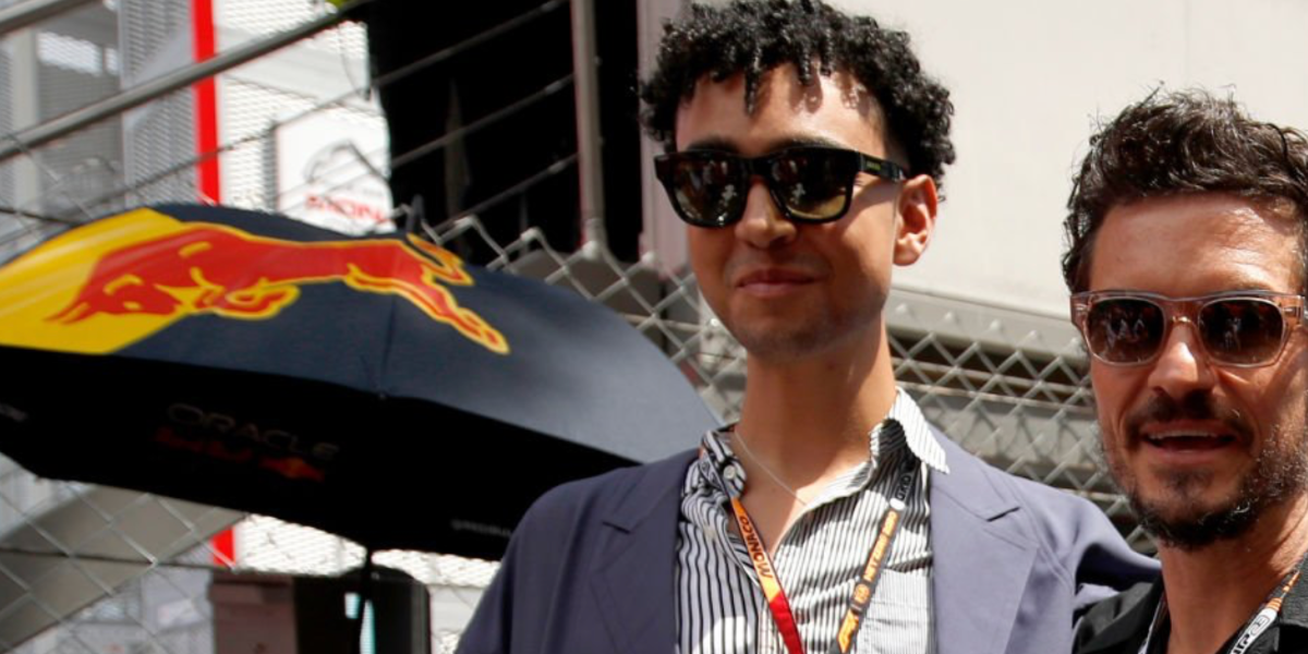 British actor Archie Madekwe, pictured with fellow actor Orlando Bloom, was seen wearing black Gucci GG1135S 001 Polarised square sunglasses at the F1 Monaco Grand Prix 2023