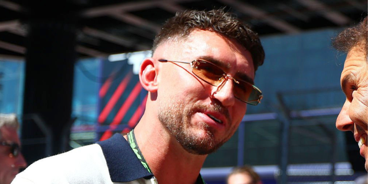 Spanish footballer Aymeric Laporte was seen wearing gold Cartier CT0465S 004 sunglasses with brown yellow gradient lenses at the F1 Spanish Grand Prix 2026