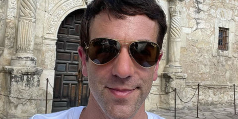 B.J. Novak was seen wearing gold Ray-Ban Aviator Large Metal RB 3025 9196/G6 Chromance Polarised sunglasses in his Instagram post