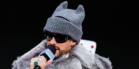 Bad Bunny was seen wearing black Givenchy GV40051I 01A sunglasses at the Super Bowl LX Previews in San Francisco, February 2026.