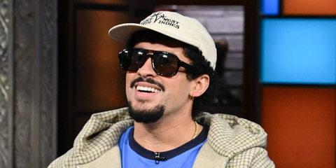 Bad Bunny was seen wearing black Gucci GG1342S 001 aviator sunglasses at The Late Show with Stephen Colbert, July 2025. Shop online now on Pretavoir