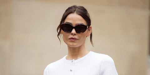 Australian model Bambi Northwood-Blyth was seen wearing tortoiseshell Loewe Curvy LW40153I 52E sunglasses at the Loewe Fall/Winter 2025 fashion show during Paris Fashion Week.