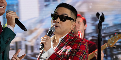 Bowen Yang was seen wearing black Ray-Ban Mega Wayfarer RB 0840S 901/31 sunglasses with green lenses on TODAY's Show season 72