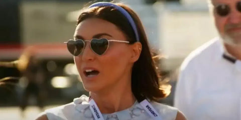 Television personality Bronwyn Newport was seen wearing silver Saint Laurent Sun SL 301 LouLou 001 heart-shaped sunglasses in The Real Housewives of Salt Lake City, season 5 episode 9.