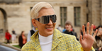 Fashion blogger Bryanboy was seen wearing silver Loewe Signature LW40202U 16C shield sunglasses at the Loewe Fall/Winter 2026 fashion show during Paris Fashion Week.