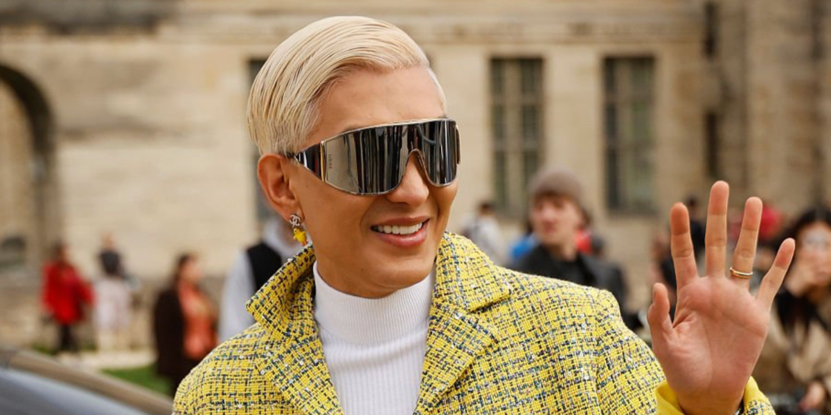 Fashion blogger Bryanboy was seen wearing silver Loewe Signature LW40202U 16C shield sunglasses at the Loewe Fall/Winter 2026 fashion show during Paris Fashion Week.