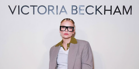 Emily in Paris actress Camille Razat is seen wearing Victoria Beckham VB677S 006 square optical glasses to attend the brand's Fall/Winter 2024 fashion show in Paris