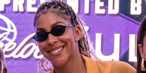 Basketball player Candace Parker was seen wearing black Miu Miu MU 04ZS 1AB5S0 oval sunglasses at the Sport Beach 2025.