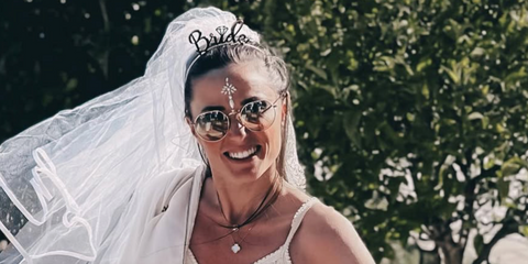 French television personality and actress Capucine Anav was seen wearing Ray-Ban Jack RB 3565 001/GD sunglasses with blue gradient lenses ahead of her wedding, which was shared on Instagram