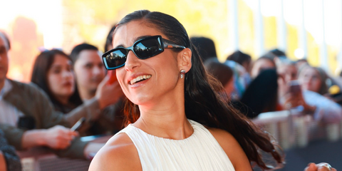Spanish actress Carolina Yuste was seen wearing black Ray-Ban Kiliane RB 4395 6677/87 rectangular sunglasses with dark grey lenses  at the Platino Awards 2025 in Madrid, May 2025
