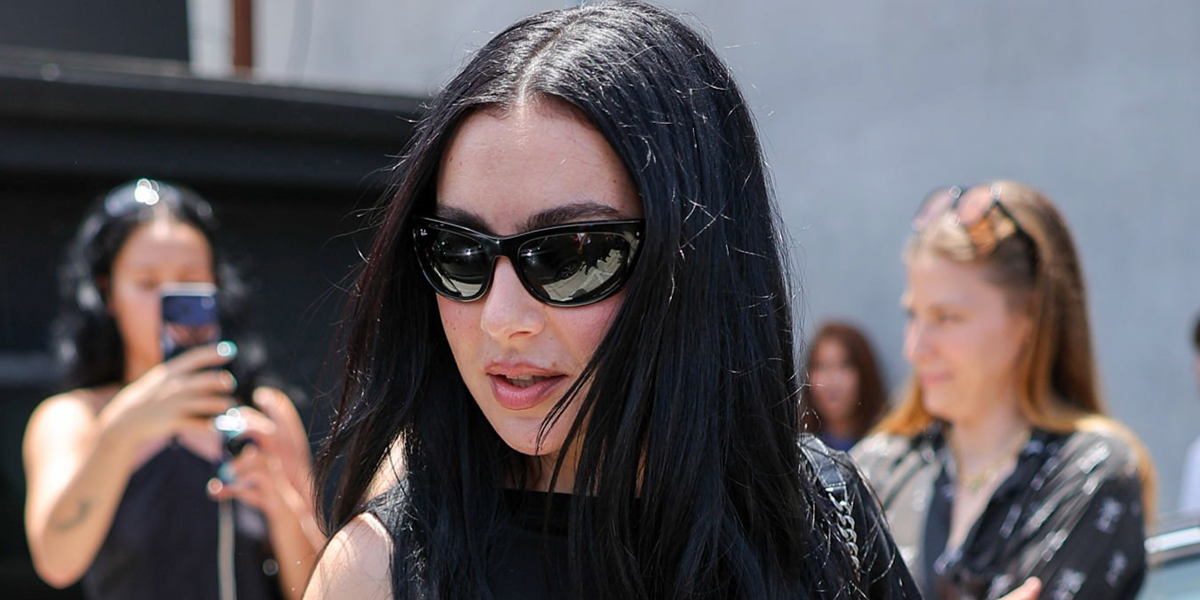 Charli XCX was seen wearing black Ray-Ban Mega Balorama RB 2289 901/31 sunglasses at her new album "Music, Fashion, Film" pop up in Los Angeles, July 2026.