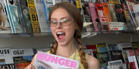 Charlotte Smurfit was seen wearing silver Miu Miu MU A50S 1BC8H1 sunglasses in her Instagram post, August 2026 celebrating her Hunger Magazine cover.