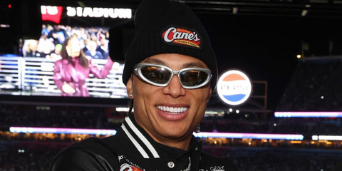 Professional boxer Chase DeMoor was seen wearing grey silver Balenciaga BB0157S 004 wraparound sunglasses at the Super Bowl LX in San Francisco, February 2026.