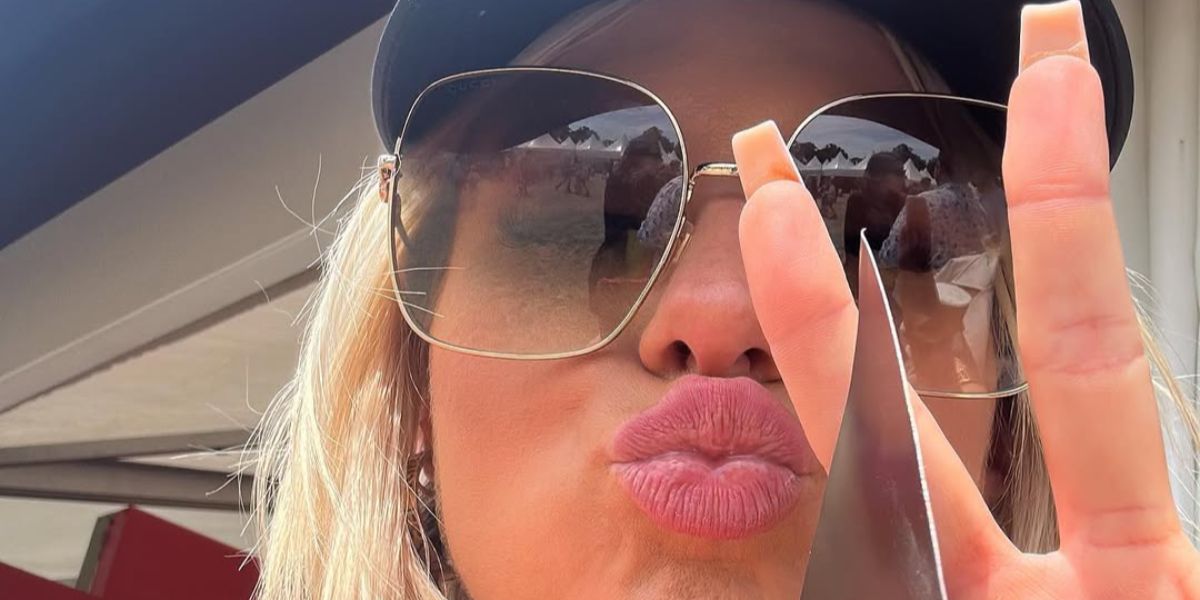 Television personality Chloe Burrows of Love Island (2021) was seen wearing gold Gucci GG0879S 002 sunglasses in her Instagram post, July 2023.
