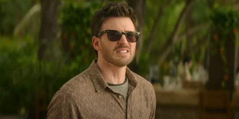 Chris Evans was seen wearing dark tortoiseshell Ray-Ban Wayfarer RB 2140 1382/R5 sunglasses with grey lenses in 2024 movie Red One