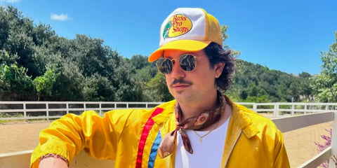 Actor Chris Galya was seen wearing gold Ray-Ban Round Metal 3447 001 sunglasses in his Instagram post, April 2024.