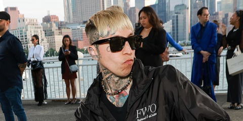 Creative director Chris Lavish was seen wearing tortoiseshell Hugo Boss 1745/S 086O7 sunglasses with green lenses at the Cucculelli Shaheen fashion show during New York Fashion Week Spring/Summer 2026.