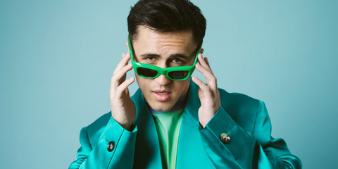 Chris Olsen was seen wearing green Bottega Veneta BV1183S 003 square sunglasses in an interview with Elite Daily