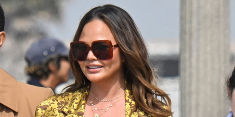 Chrissy Teigen was seen wearing brown Gucci GG1314S 002 oversized sunglasses in Santa Monica, April 2025.