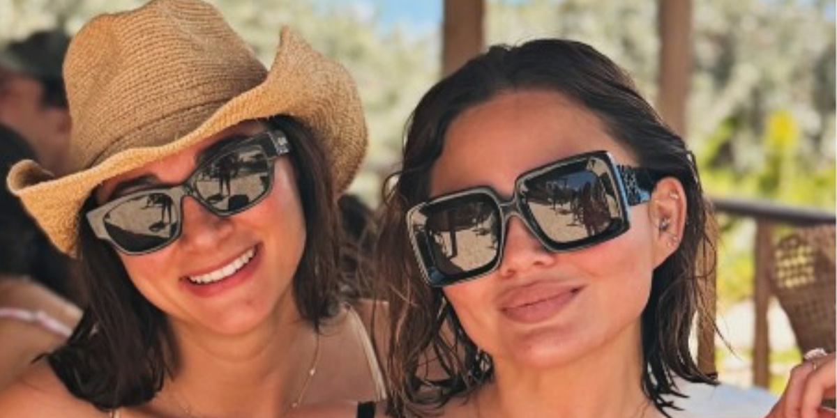 Chrissy Teigen was seen wearing black Loewe Anagram LW40176U 01B square sunglasses in her Instagram story, March 2026.