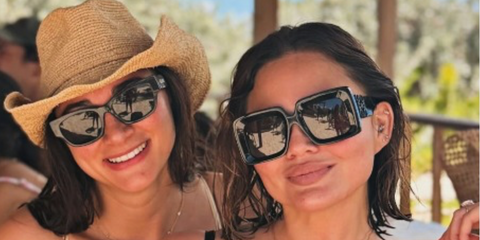 Chrissy Teigen was seen wearing black Loewe Anagram LW40176U 01B square sunglasses in her Instagram story, March 2026.
