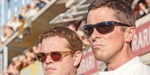 Christian Bale, pictured right alongside Matt Damon, was seen wearing black Ray-Ban Balorama 4089 601/58 Polarised sunglasses in Ford v Ferrari