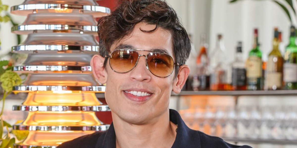 Australian actor Christopher Chung was seen wearing Cutler and Gross Sun x The Great Frog Idol 018 01 Limited Edition Gun Metal with Bones aviator sunglasses with brown gradient lenses at the BAFTA TV Awards, May 2025