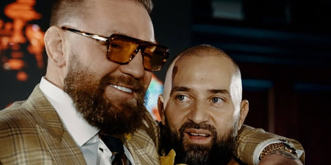 Conor McGregor was seen wearing striped brown and tortoiseshell Tom Ford Vincent TF1176 53E square sunglasses in his Instagram post
