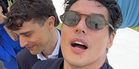Italian actor Cristiano Caccamo was seen wearing tortoiseshell Giorgio Armani AR8219U 6162/56 oval sunglasses in his Instagram post, May 2026.