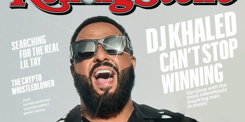 DJ Khaled was seen wearing black Prada PR 10ZS 1AB5S0 sunglasses on the cover of Rolling Stone magazine, December 2023