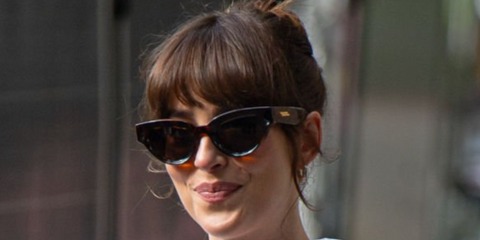 Dakota Johnson is seen on movie set of the 'Materialists' on June 06, 2024 in New York City wearing Bottega Veneta havana cat eye sunglasses.