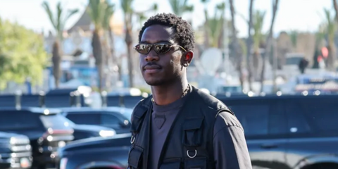 Damson Idris was seen wearing tortoiseshell Bottega Veneta BV1390S 002 sunglasses with brown lenses at the Super Bowl LX in San Francisco, February 2026.